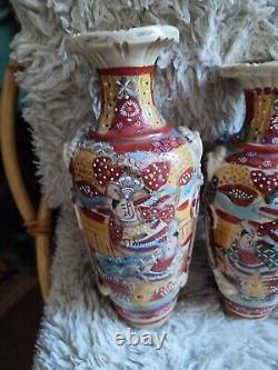 Satsuma Pair Of Vases Earthenware Pattern Enamelled Painted Samurai Flowers