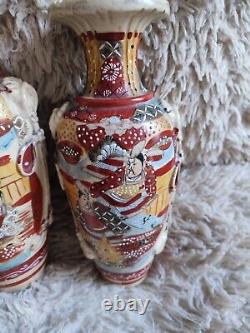 Satsuma Pair Of Vases Earthenware Pattern Enamelled Painted Samurai Flowers