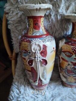 Satsuma Pair Of Vases Earthenware Pattern Enamelled Painted Samurai Flowers