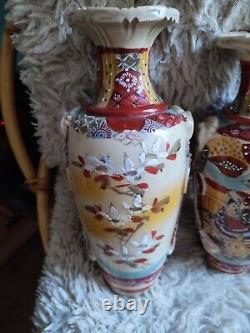 Satsuma Pair Of Vases Earthenware Pattern Enamelled Painted Samurai Flowers