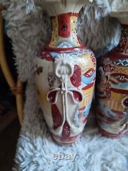 Satsuma Pair Of Vases Earthenware Pattern Enamelled Painted Samurai Flowers