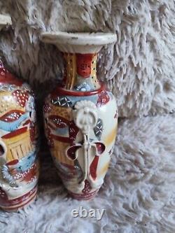 Satsuma Pair Of Vases Earthenware Pattern Enamelled Painted Samurai Flowers