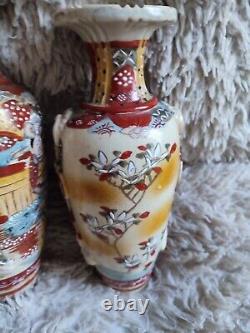 Satsuma Pair Of Vases Earthenware Pattern Enamelled Painted Samurai Flowers