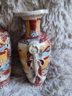 Satsuma Pair Of Vases Earthenware Pattern Enamelled Painted Samurai Flowers