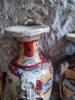 Satsuma Pair Of Vases Earthenware Pattern Enamelled Painted Samurai Flowers