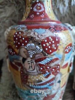 Satsuma Pair Of Vases Earthenware Pattern Enamelled Painted Samurai Flowers