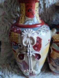 Satsuma Pair Of Vases Earthenware Pattern Enamelled Painted Samurai Flowers