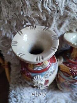 Satsuma Pair Of Vases Earthenware Pattern Enamelled Painted Samurai Flowers