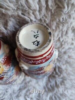 Satsuma Pair Of Vases Earthenware Pattern Enamelled Painted Samurai Flowers