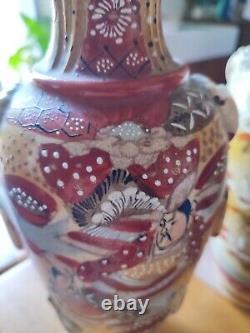 Satsuma Pair Of Vases Earthenware Pattern Enamelled Painted Samurai Flowers