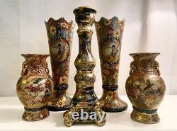 Satsuma Style Vases & Candlestick 5pc Set STUNNING