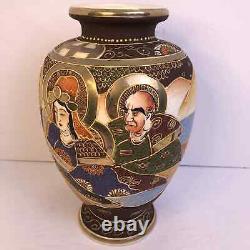 Satsuma Vase Of The Immortals Pottery Japan Hand Painted Gold Cobalt 10 Tall