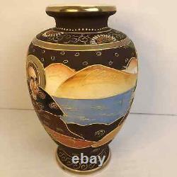 Satsuma Vase Of The Immortals Pottery Japan Hand Painted Gold Cobalt 10 Tall