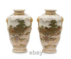 Satsuma Ware Pottery Vase Pair by Hakusan Japanese Meiji Antique c1880