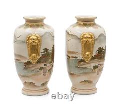 Satsuma Ware Pottery Vase Pair by Hakusan Japanese Meiji Antique c1880