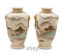 Satsuma Ware Pottery Vase Pair by Hakusan Japanese Meiji Antique c1880