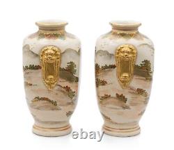 Satsuma Ware Pottery Vase Pair by Hakusan Japanese Meiji Antique c1880