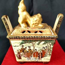 Satsuma incense burner lion cover japanese antique Gold color