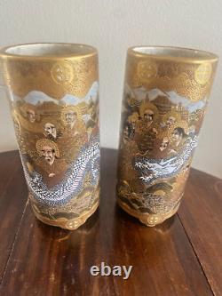 Set of 2 SATSUMA ANTIQUE footed VASES 1000 FACES with RAISED DRAGON Shimazu Clan