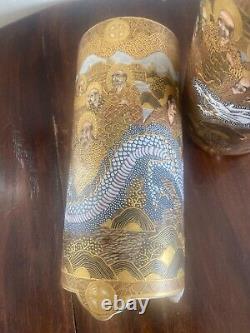 Set of 2 SATSUMA ANTIQUE footed VASES 1000 FACES with RAISED DRAGON Shimazu Clan