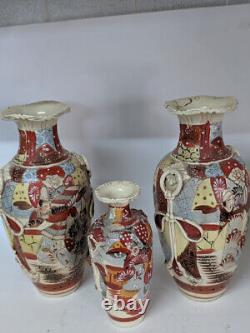 Set of 3 Antique Japanese Satsuma Knot Hand Painted Pottery Vases Meiji period