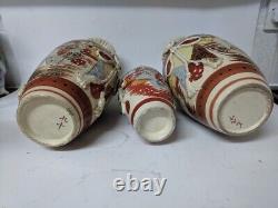 Set of 3 Antique Japanese Satsuma Knot Hand Painted Pottery Vases Meiji period