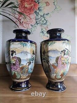 Signed Early 20th Century Mirror Pair of Meiji Period Satsuma Cobalt Blue Vases