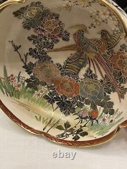 Signed Japanese Satsuma Bird Flower Pottery Bowl Hand Painted Antique