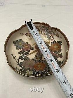 Signed Japanese Satsuma Bird Flower Pottery Bowl Hand Painted Antique