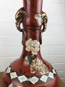 Substantial Antique Japanese Satsuma Pottery Elephant Handles Vase 21 Signed