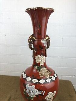 Substantial Antique Japanese Satsuma Pottery Elephant Handles Vase 21 Signed