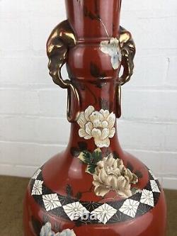 Substantial Antique Japanese Satsuma Pottery Elephant Handles Vase 21 Signed