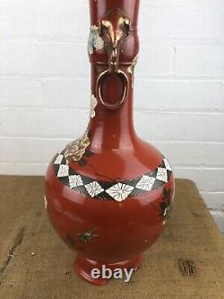 Substantial Antique Japanese Satsuma Pottery Elephant Handles Vase 21 Signed