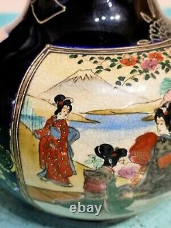 Superb 1900's Japanese Satsuma Vase, Black Glazed Geisha Painting