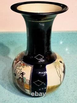 Superb 1900's Japanese Satsuma Vase, Black Glazed Geisha Painting