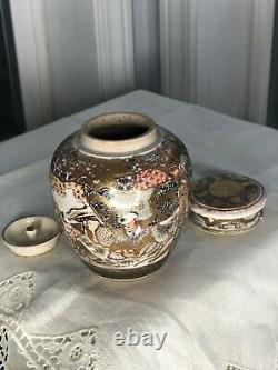 Vintage Antique Oriental Japanese Satsuma Gold Vase Ginger Jar vintage W 2 Lids