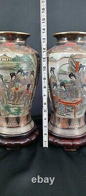 Vintage Asian Vases Satsuma Antique Japan Geisha Porcelain Ceramic Hand Painted