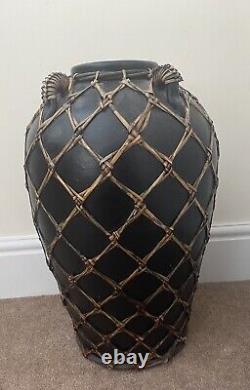 Vintage Japanese Black Satsuma Vase Meiji Urn Overlaid Basketry