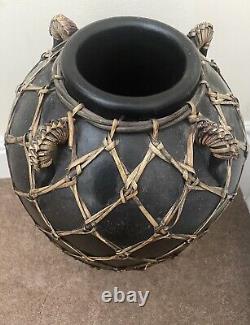 Vintage Japanese Black Satsuma Vase Meiji Urn Overlaid Basketry