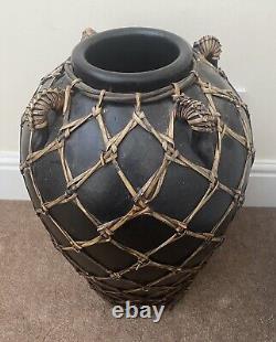 Vintage Japanese Black Satsuma Vase Meiji Urn Overlaid Basketry