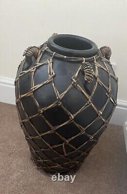 Vintage Japanese Black Satsuma Vase Meiji Urn Overlaid Basketry