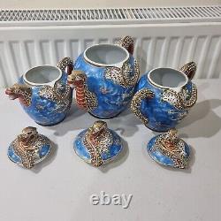 Vintage Japanese Satsuma Dragon Tea plates beutiful rare hand painted blue set