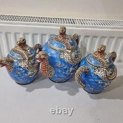 Vintage Japanese Satsuma Dragon Tea plates beutiful rare hand painted blue set
