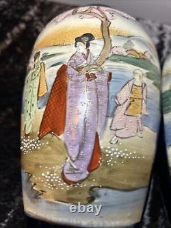 Vintage Large Pair Japanese Ceramic Vases Mirror Image Satsuma Ware Oriental Kyo