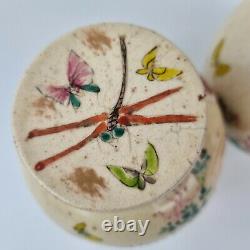 Vintage Pair Of Japanese Satsuma Ginger Jars & Covers Decorated With Flowers
