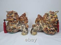 Vintage Satsuma Ceramic Foo Dogs Pair Circa mid 20th Century Hand Painted