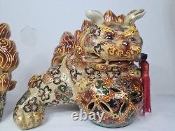 Vintage Satsuma Ceramic Foo Dogs Pair Circa mid 20th Century Hand Painted