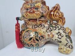 Vintage Satsuma Ceramic Foo Dogs Pair Circa mid 20th Century Hand Painted