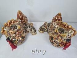 Vintage Satsuma Ceramic Foo Dogs Pair Circa mid 20th Century Hand Painted