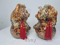 Vintage Satsuma Ceramic Foo Dogs Pair Circa mid 20th Century Hand Painted